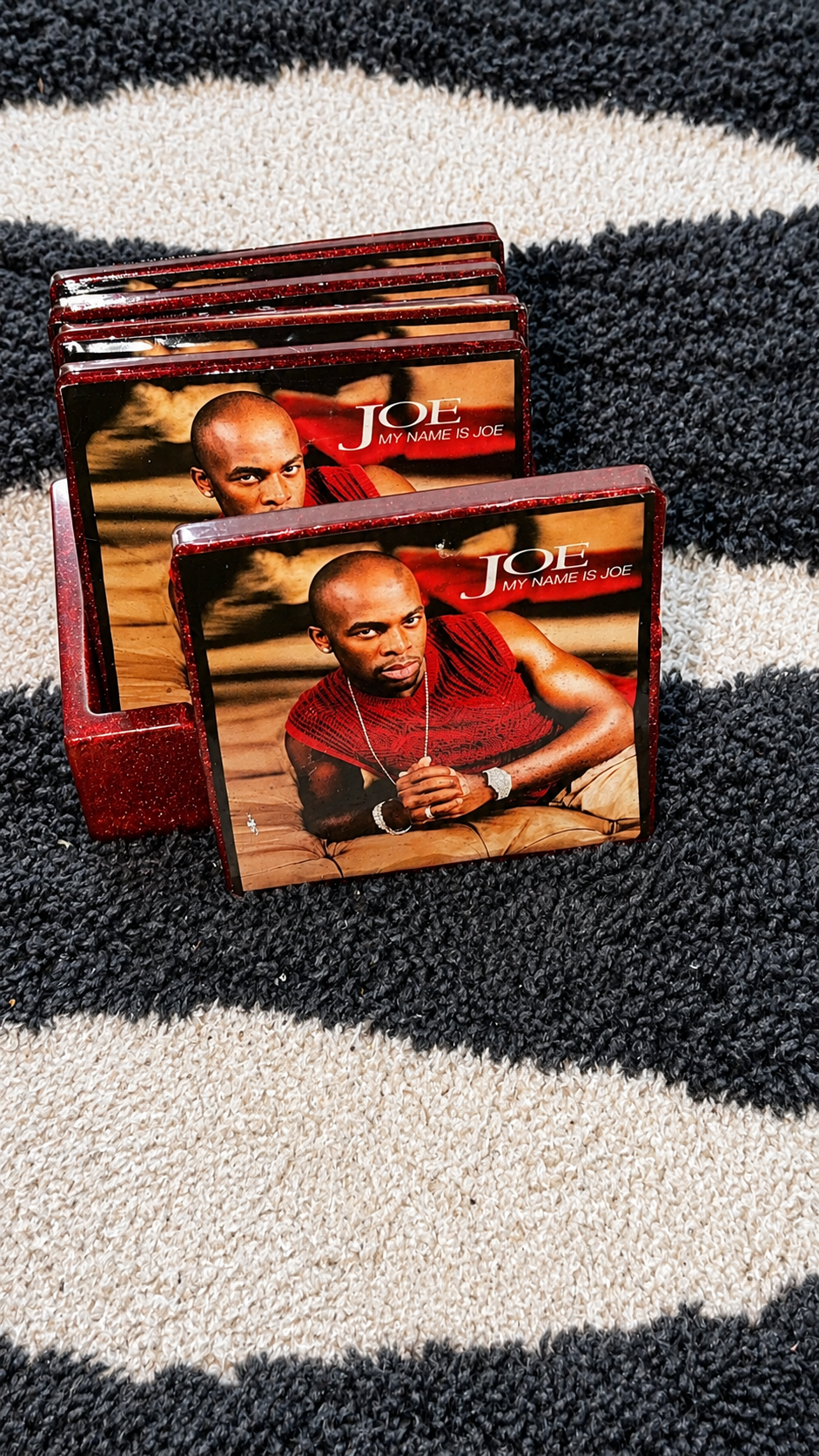 Joe “My Name Is Joe” Resin Coaster Set with Holder